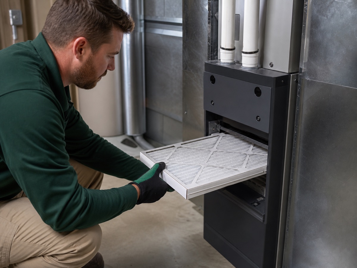 Technician replacing an accessible residential furnace filter